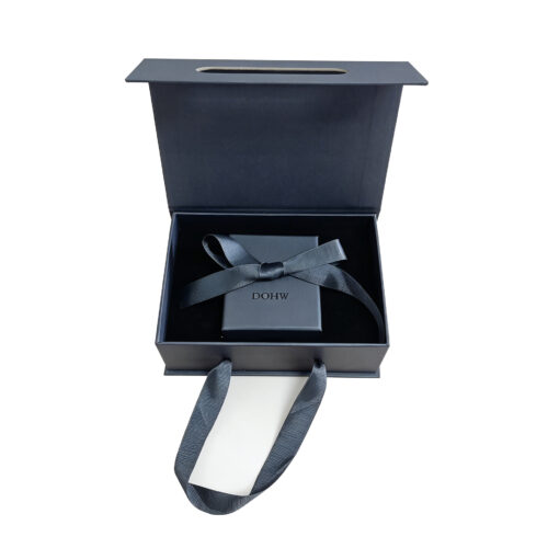 Black Rigid Jewelry Gift Bag Box with Ribbon Handle and Bow