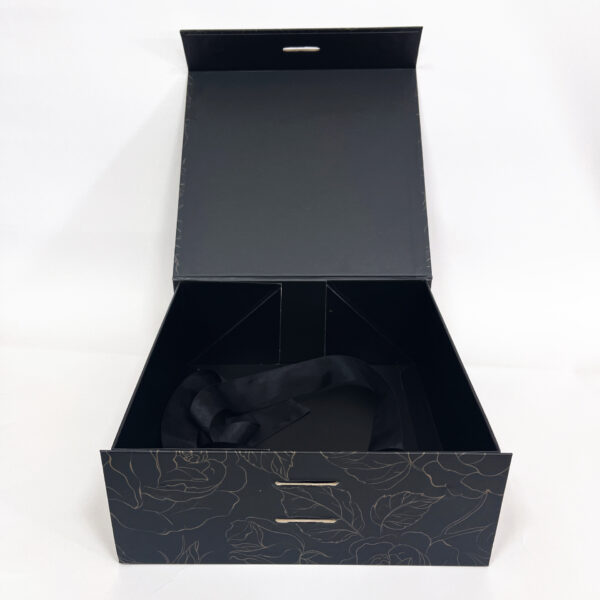 Luxury Black Floral Rigid Gift Packaging Box with Ribbon Luxury Black Floral Rigid Gift Packaging Box with Ribbon