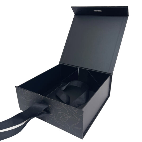 Luxury Black Floral Rigid Gift Packaging Box with Ribbon Luxury Black Floral Rigid Gift Packaging Box with Ribbon