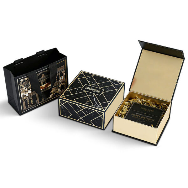 Custom Black Marble Rigid Gift Boxes with Gold Accents