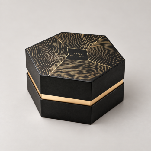 Hexagonal Shoulder Neck Fragrance Box with Gold Line Art Custom Hexagonal Candle and Reed Diffuser Gift Boxes
